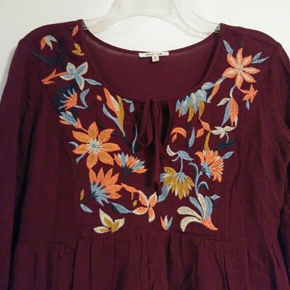 Bleuh Ciel Maroon Embroidered Keyhole Tie Neck Top - Picture 3 of 6
